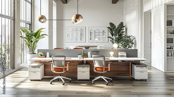 Obraz Modern open plan office with collaborative spaces: A sleek, modern office layout features open workstations and collaborative areas, encouraging teamwork and creativity in a dynamic work environment. 