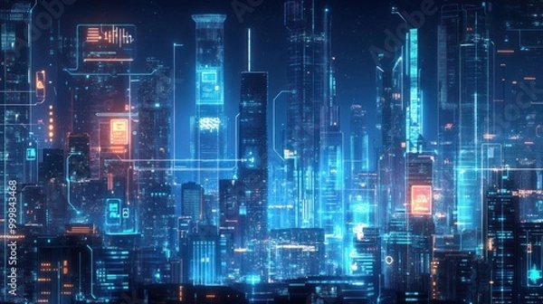 Fototapeta Digital transformation visual with futuristic cityscapes, showing the shift from traditional to digital business processes.