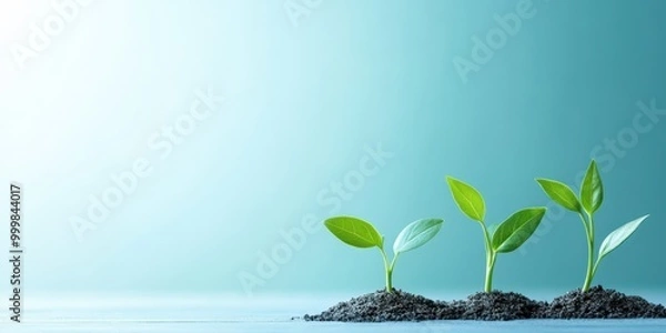 Fototapeta Three young plants sprouting from rich soil, symbolizing growth and new beginnings in a serene environment.