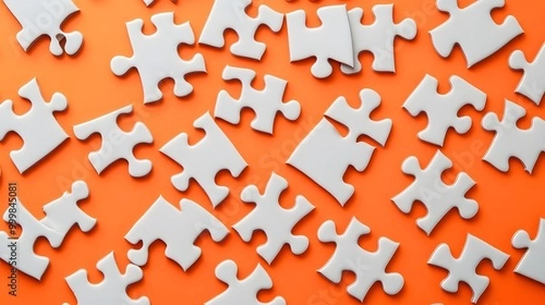 Fototapeta White details of puzzle on orange background. 