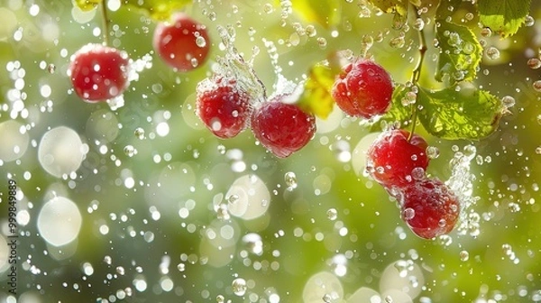 Obraz Surreal floating red cherries splashing in water against a green background, highlighting delicate textures and fresh colors, creating a juicy and vibrant atmosphere with soft and bright natural light