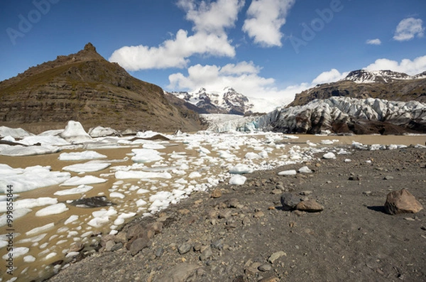 Fototapeta icebergs floating in the lagoon in front of the terminus of Svínafellsjökull outlet Glacier, Iceland	