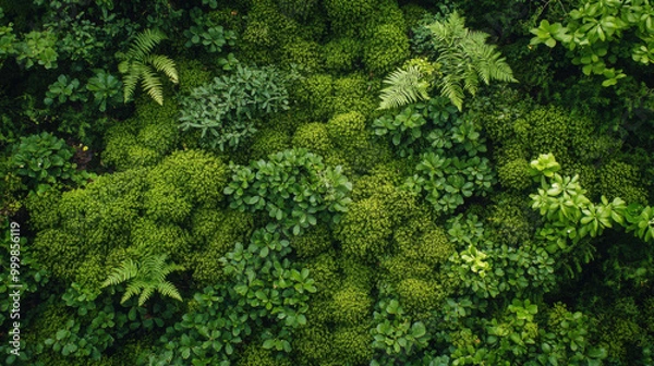 Fototapeta An overhead view of a forest floor blanketed with a thick layer of moss and ferns