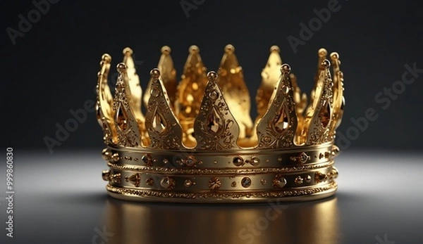 Fototapeta Golden ornate crown with intricate designs on a dark minimalist background.
