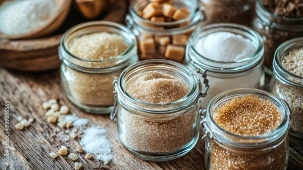 Fototapeta A close-up of different types of sugar in elegant glass jars, including brown sugar, white granulated sugar, and powdered sugar, arranged on a rustic wooden table.