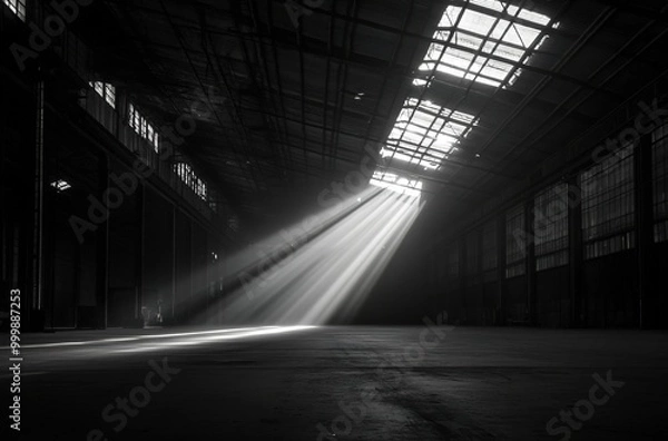 Fototapeta An empty warehouse with high ceilings, illuminated by light beams coming from the ceiling. 