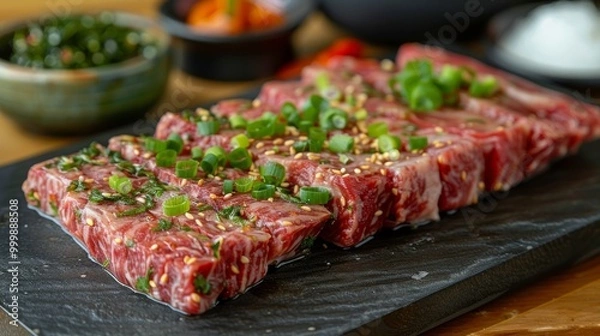 Obraz Kobe beef with garlic,salt and pepper/Kobe beef 