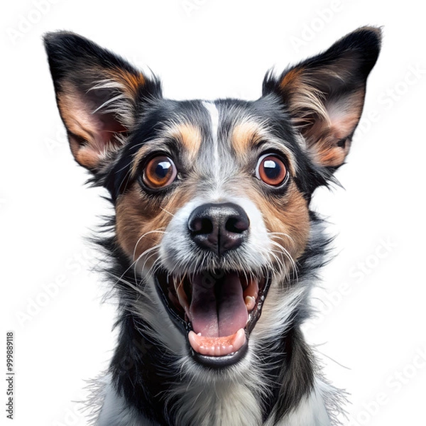 Fototapeta Angry and surprised dog with a funny and excited expression.