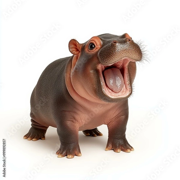 Fototapeta Playful baby pgymy hippopotamus with an open mouth, on a white isolated background.