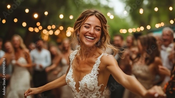Obraz guests dancing at wedding reception outside in the backyard