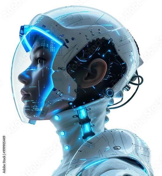 Obraz Futuristic humanoid robot in high-tech helmet with blue neon lights and intricate circuitry, on transparent background. Perfect for use in AI, robotics, sci-fi, technology themes.