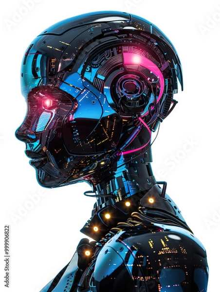 Fototapeta Futuristic humanoid robot with glowing pink and blue lights, sleek metallic surfaces, on transparent background. Perfect for AI, robotics, sci-fi, and advanced technology themes.