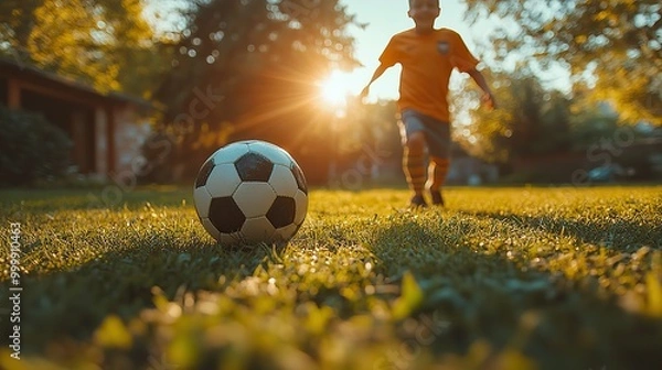 Fototapeta mom playing football with her son dressed in football jerseys the family as one soccer team family sports activities outside in the backyard or on the street