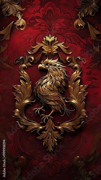 Fototapeta Ornate design featuring a golden eagle on a rich red background.