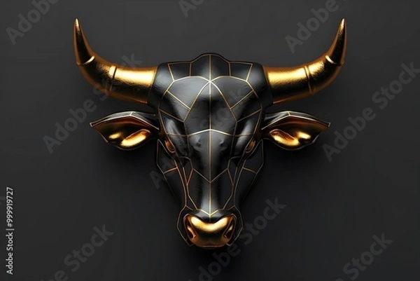 Obraz A stylized bull head sculpture in black and gold, showcasing geometric design elements.