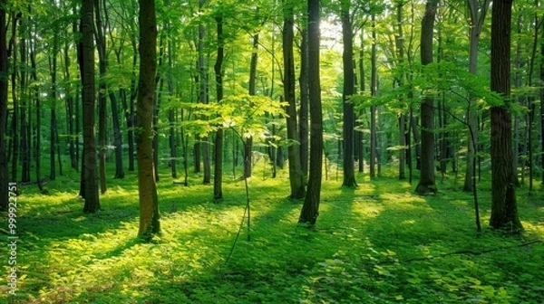 Fototapeta Sunlight Filtering Through Lush Forest Canopy