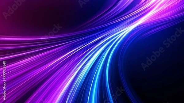 Fototapeta Abstract blue and purple light wavy shapes futuristic banner. Glowing retro waves background