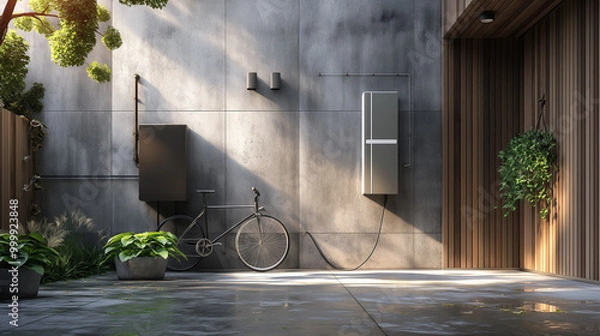 Fototapeta Concept of a home battery packs alternative electric energy storage system at modern home garage wall as backup or sustainable energy concepts.
