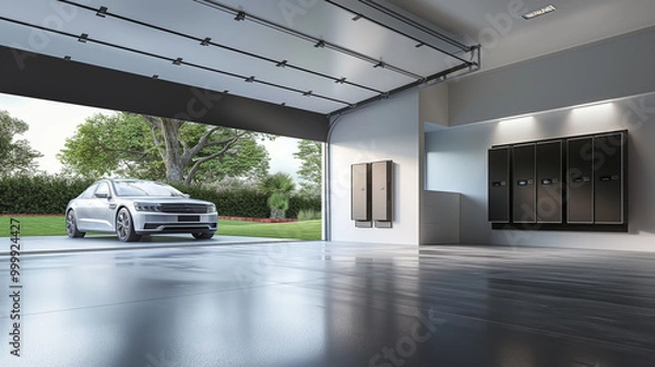 Fototapeta Concept of a home battery packs alternative electric energy storage system at modern home garage wall as backup or sustainable energy concepts.