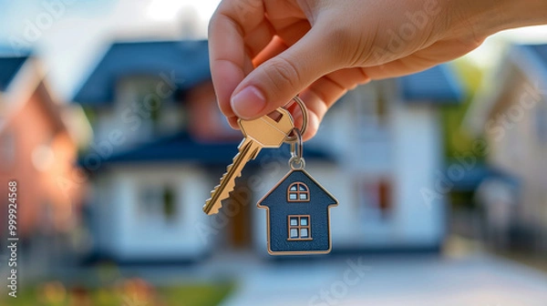 Fototapeta A hand holding keys in front of a house, symbolizing property, real estate, and home ownership