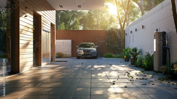 Fototapeta Concept of a home battery packs alternative electric energy storage system at modern home garage wall as backup or sustainable energy concepts.