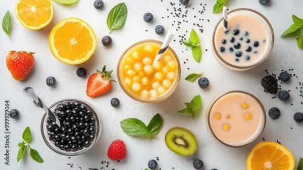 Fototapeta An aesthetically pleasing flat lay of bubble tea ingredients, including tapioca pearls, tea leaves, and fresh fruits, illustrating the preparation process of this delightful drink.