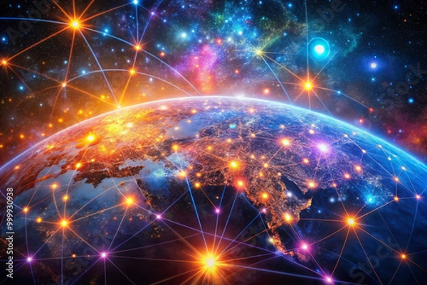 Obraz stunning celestial map of futuristic digital world, showcasing Earth illuminated by vibrant connections and cosmic energy. dark blue backdrop enhances glowing network of stars and data points
