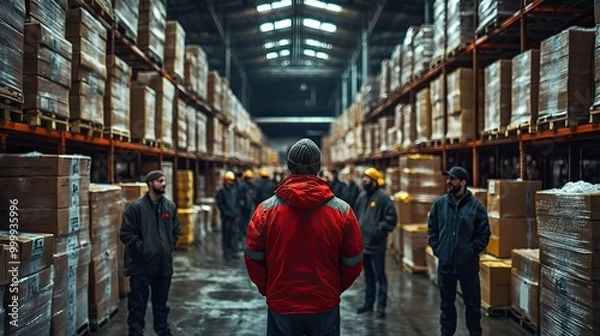 Fototapeta top view of group of workers with manager indoors in warehouse coronavirus concept