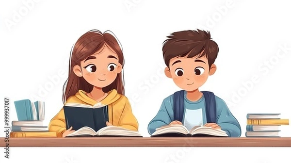 Fototapeta two schoolkids learning