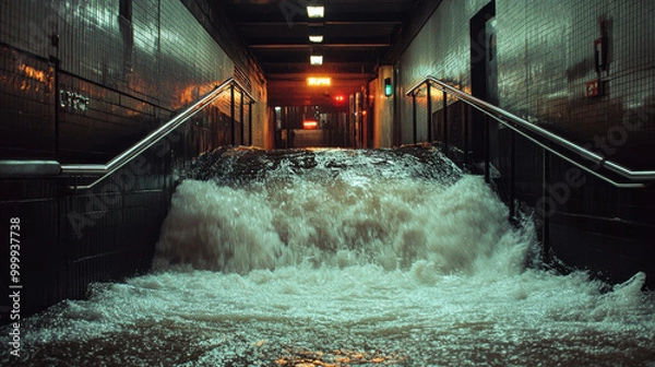 Obraz Flooding water rushing into subway entrance creates dramatic scene of chaos and urgency. powerful flow highlights impact of heavy rain or burst pipe, emphasizing need for safety