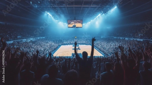 Fototapeta A crowd of people watch a basketball game from the stands.