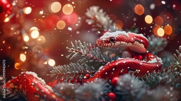 Obraz A red snake crawls on a Christmas tree. It's snowing, Christmas is coming soon