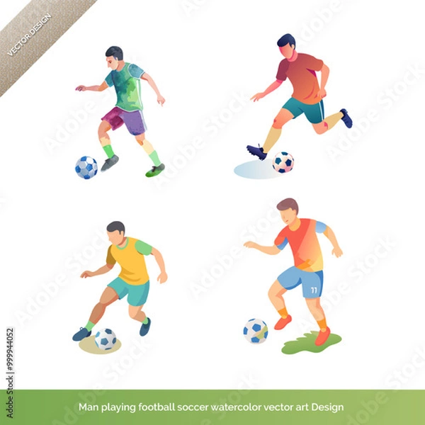 Fototapeta Soccer in Motion  Man Playing Football Watercolor Vector Art Set