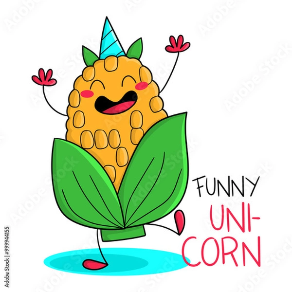 Fototapeta Illustration of a slice of corn on the cob with a unicorn horn with its arms up and the phrase happy unicorn, illustration for a t-shirt
