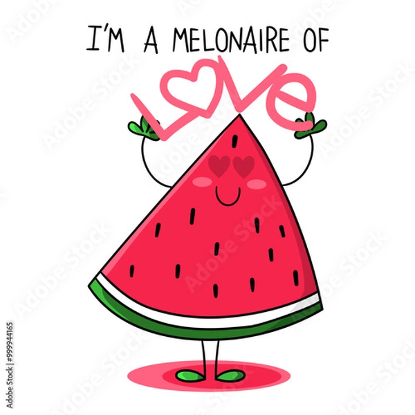 Obraz Illustration of a slice of melon with arms up holding the word love, melon in love, with heart-shaped eyes, illustration for t-shirt