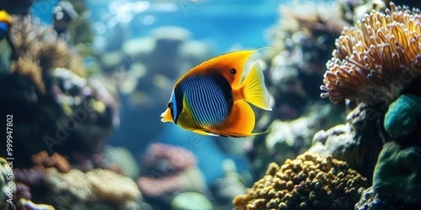 Fototapeta Colorful  fish under water with coral reefs and sunlight on background