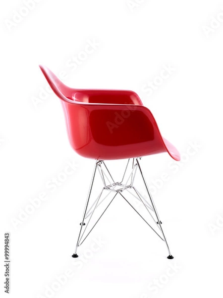 Obraz Red Shiny Plastic Chair with Metal Legs on White Background, Side View