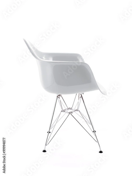 Obraz White Shiny Plastic Chair with Metal Legs on White Background, Side View