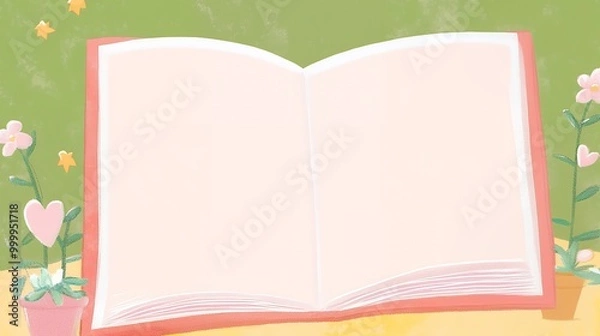 Obraz Open book with blank pages surrounded by flowers and stars on a green background. Digital illustration with copy space. Reading and creativity concept for design and print.