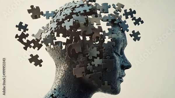 Obraz A figure with a head made of puzzle pieces, trying to complete too many puzzles at once, causing the pieces to fall apart.
