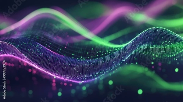 Obraz Digital waves in green and violet, abstractly visualizing the dynamic interplay of data science and Julia's capabilities