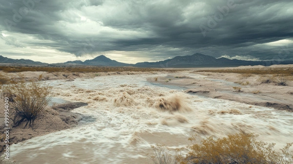 Fototapeta flash flood rapidly fills dry desert basin, showcasing power of nature. Dark clouds loom overhead, creating dramatic atmosphere in this arid landscape
