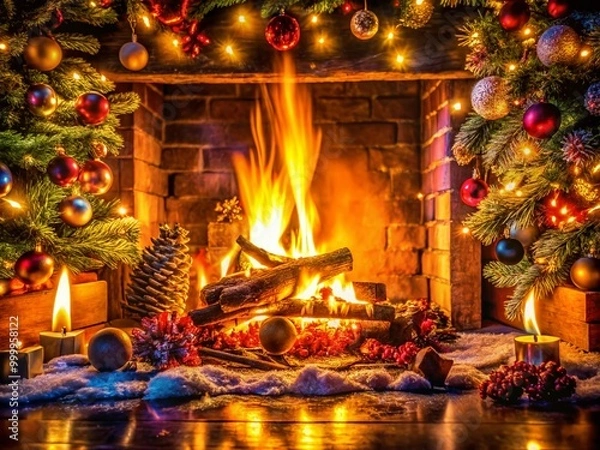 Fototapeta Cozy Christmas Fire Background with Warm Flames and Flickering Light for Holiday Decor and Atmosphere
