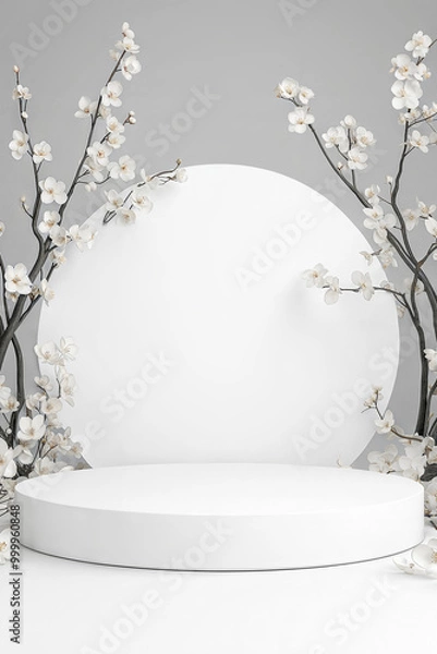 Obraz White empty low circular podium with smooth surface surrounded by blooming white flowers and branches against minimalist white background. Elegant floral product display background with copy space.
