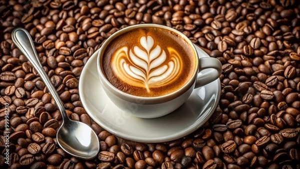 Fototapeta Creamy Coffee in a White Cup with a Beautiful Foam Art on Top Surrounded by Coffee Beans and