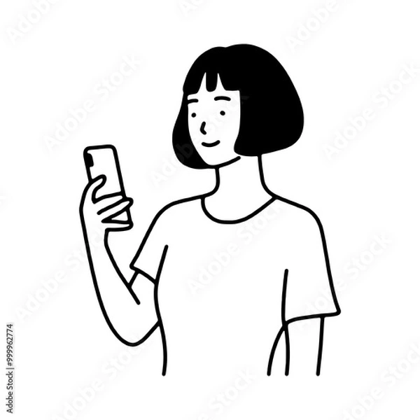 Fototapeta スマホの画面を見ている女性のシンプルな線画イラスト　透過背景の切り抜き