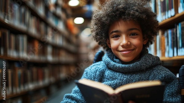 Obraz Happy young disabled mixed race school student in wheelchair reading a library book. Generative AI