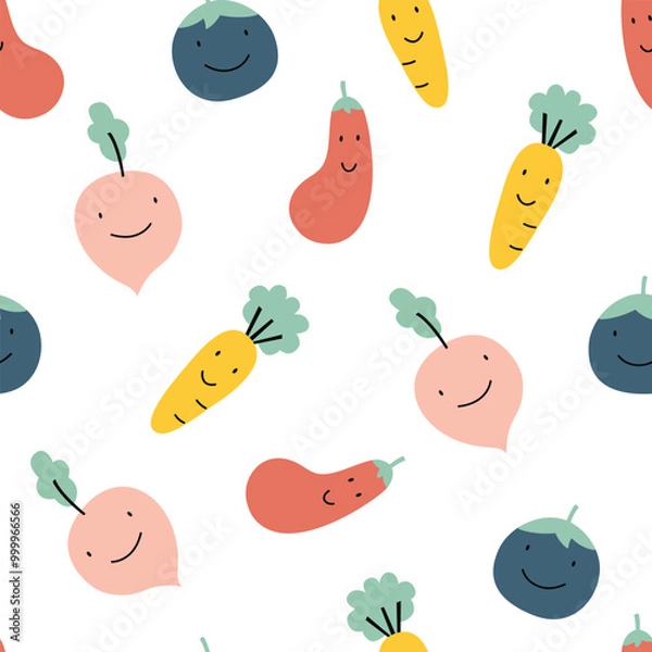 Obraz A colorful, cheerful pattern of smiling vegetables on a white background, featuring carrots, radishes, and other playful designs.