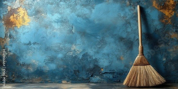 Fototapeta A rustic broom leaning against a weathered blue and gold wall