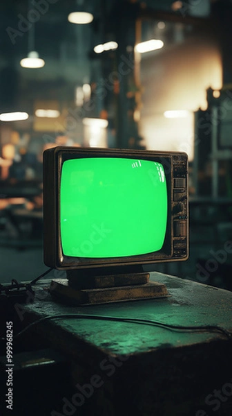 Fototapeta vertical close-up of artistic 3d rendered old classic television with green screen on the side of composition surrounded in ruined empty room dynamic cinematic lighting chroma key tv footage